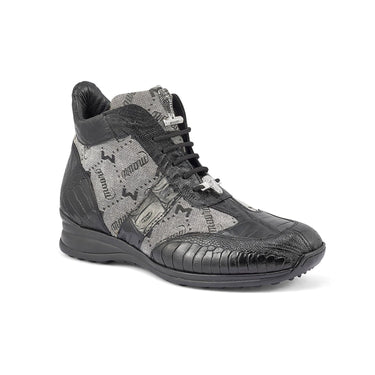 Mauri Signature in Black / Grey Mens Ostrich Leg / Baby Croc / Mauri Fabric / Nappa Leather Casual High Top Sneakers in Black Grey