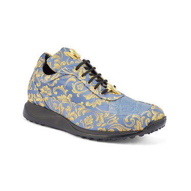 Mauri Solid Gold in Light Blue Mens Exotic Crocodile / Gobelins Fabric Casual Sneakers in Light Blue