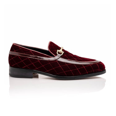 Mauri Allure in Ruby Red Mens Quilted Velvet / Patent leather Mens Slip-on Horsebit Loafers in Ruby Red