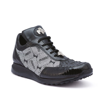 Mauri Carange in Black / Grey Mens Ostrich Leg / Hornback Crown / Fabric Sneakers in Black Grey