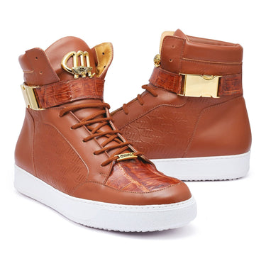 Mauri Hitman in Cognac Mens Exotic Crocodile / Nappa Leather High-Top Sneakers