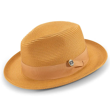 Montique Belmont Pinch Front Polybraid Straw Fedora in Gold