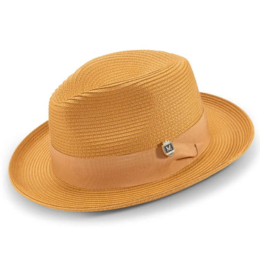 Montique Belmont Pinch Front Polybraid Straw Fedora in Gold #color_ Gold