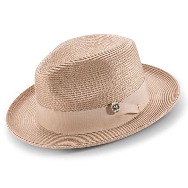 Montique Belmont Pinch Front Polybraid Straw Fedora in Tan