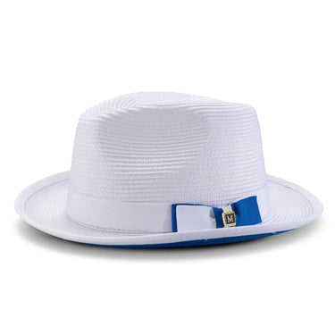 Montique Collins Pinch Front Color Bottom Straw Fedora in White / Cobalt