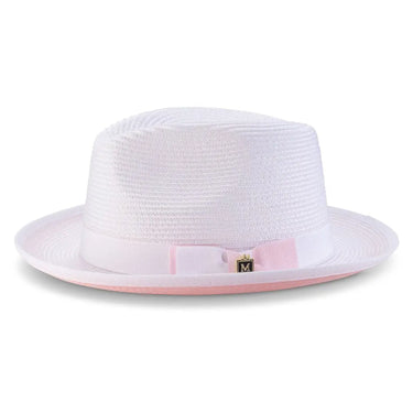 Montique Collins Pinch Front Color Bottom Straw Fedora in White / Pink #color_ White / Pink