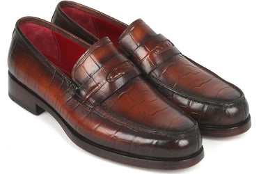 Paul Parkman Croco-Embossed Calfskin Penny Loafers in Brown