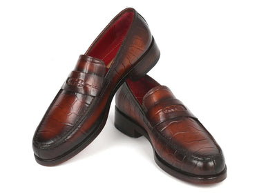 Paul Parkman Croco-Embossed Calfskin Penny Loafers in Brown