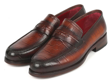 Paul Parkman Croco-Embossed Calfskin Penny Loafers in Brown