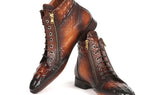 Paul Parkman Croco-Textured Calfskin Handmade Zipper Boots in Brown Burnished
