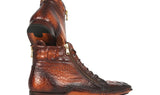 Paul Parkman Croco-Textured Calfskin Handmade Zipper Boots in Brown Burnished