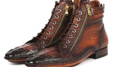 Paul Parkman Croco-Textured Calfskin Handmade Zipper Boots in Brown Burnished