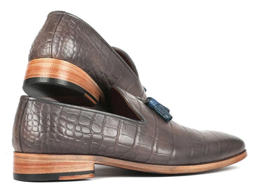 Paul Parkman Men's Crocodile Embossed Calfskin Tassel Loafer in Gray