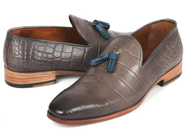 Paul Parkman Men's Crocodile Embossed Calfskin Tassel Loafer in Gray