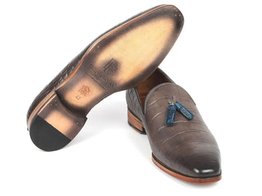 Paul Parkman Men's Crocodile Embossed Calfskin Tassel Loafer in Gray