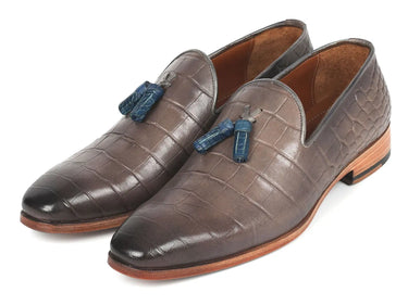 Paul Parkman Men's Crocodile Embossed Calfskin Tassel Loafer in Gray