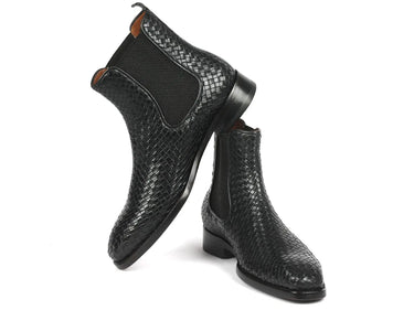 Paul Parkman Men's Woven Leather Chelsea Boots in Black