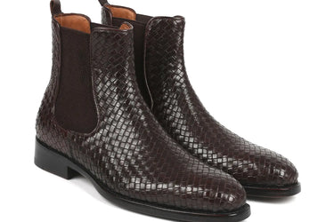 Paul Parkman Men's Woven Leather Chelsea Boots in Chocolate Brown
