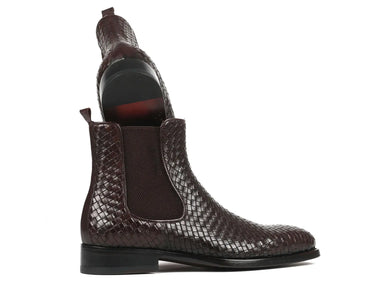 Paul Parkman Men's Woven Leather Chelsea Boots in Chocolate Brown