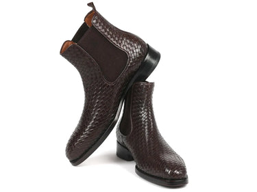 Paul Parkman Men's Woven Leather Chelsea Boots in Chocolate Brown