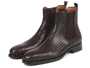 Paul Parkman Men's Woven Leather Chelsea Boots in Chocolate Brown