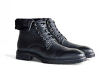 Rugged Leather Boot with Faux Shearling in Black