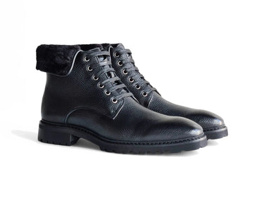 Rugged Leather Boot with Faux Shearling in Black