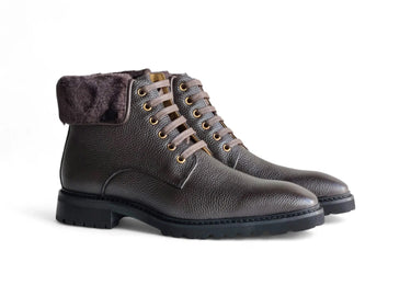Rugged Leather Boot with Faux Shearling in Brown