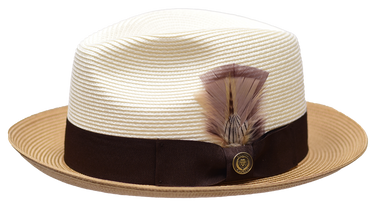 Bruno Capelo South Beach Two-Tone Straw Snap Brim Fedora in Ivory Cognac Dark Brown