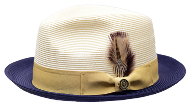 Bruno Capelo South Beach Two-Tone Straw Snap Brim Fedora in Natural Navy Blue