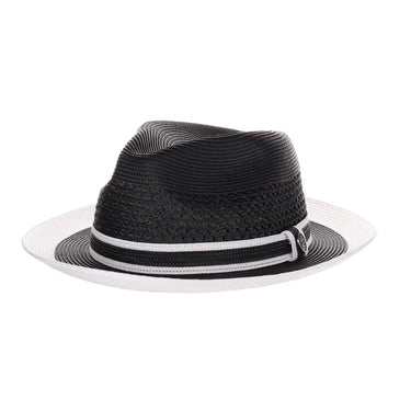 Steven Land Adrian Vented Pinch Front Polybraid Straw Fedora in Black / White