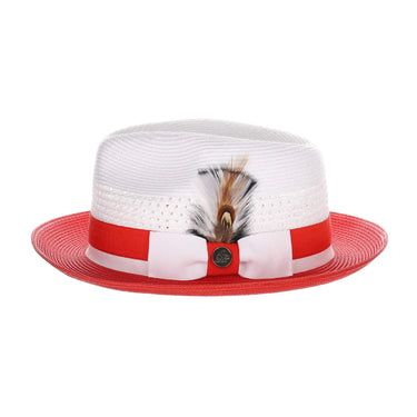 Steven Land Elliott Pinch Front Natural Straw Fedora in White / Red