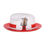 Steven Land Elliott Pinch Front Natural Straw Fedora in White / Red