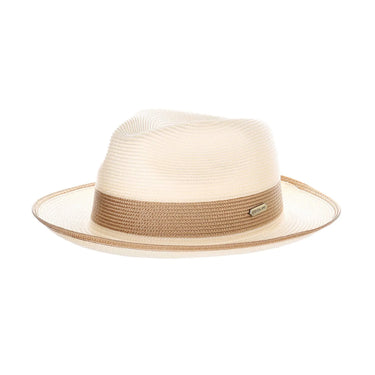 Steven Land Parker Pinch Front Polybraid Straw Fedora in Ivory / Cognac #color_ Ivory / Cognac