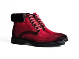 Suede Faux Shearling Combat Boot in Red
