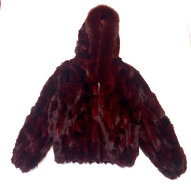 Calvere Furs Women's Fox Bomber Jacket with Hood in Burgundy