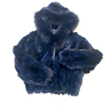 Calvere Furs Women's Fox Bomber Jacket with Hood in Navy