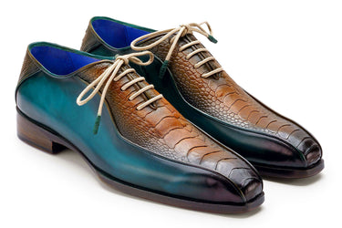 Paul Parkman Men's Genuine Ostrich Leg Bicycle Toe Oxfords in Green & Brown