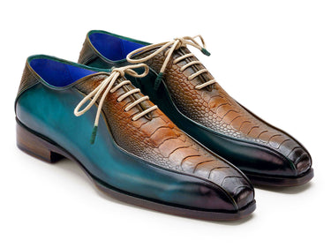 Paul Parkman Men's Genuine Ostrich Leg Bicycle Toe Oxfords in Green & Brown