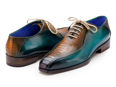 Paul Parkman Men's Genuine Ostrich Leg Bicycle Toe Oxfords in Green & Brown
