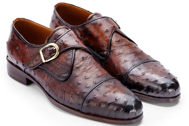 Paul Parkman Men's Genuine Ostrich Skin Monkstrap Shoes in Brown
