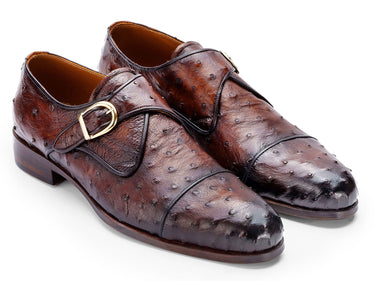 Paul Parkman Men's Genuine Ostrich Skin Monkstrap Shoes in Brown