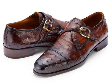 Paul Parkman Men's Genuine Ostrich Skin Monkstrap Shoes in Brown