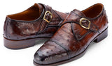 Paul Parkman Men's Genuine Ostrich Skin Monkstrap Shoes in Brown