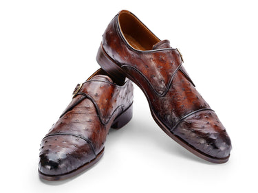 Paul Parkman Men's Genuine Ostrich Skin Monkstrap Shoes in Brown