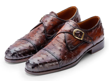 Paul Parkman Men's Genuine Ostrich Skin Monkstrap Shoes in Brown