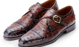 Paul Parkman Men's Genuine Ostrich Skin Monkstrap Shoes in Brown