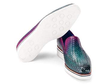 Paul Parkman Men's Smart Casual Woven Leather Loafers in Green & Purple