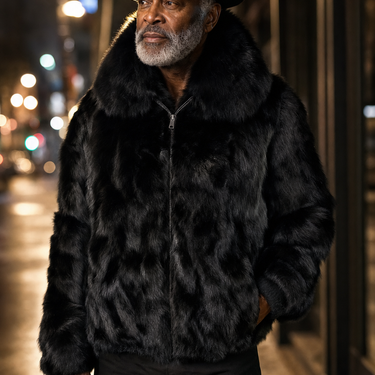 Calvere Furs Men's Fox Bomber Jacket with Full Skin Fox Collar in Black, worn