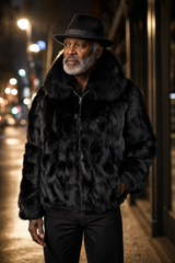 Calvere Furs Men's Fox Bomber Jacket with Full Skin Fox Collar in Black, worn